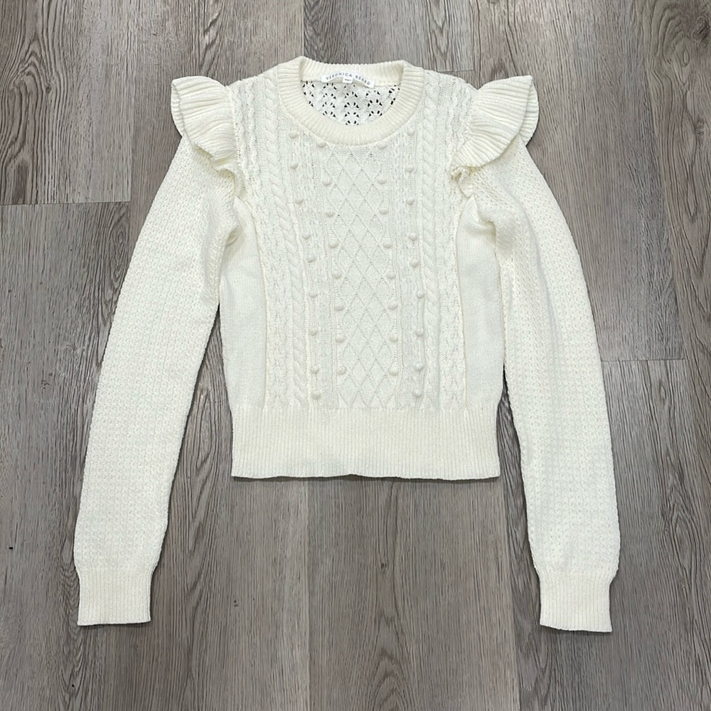 Veronica Beard Cream Sweater with Ruffle Details